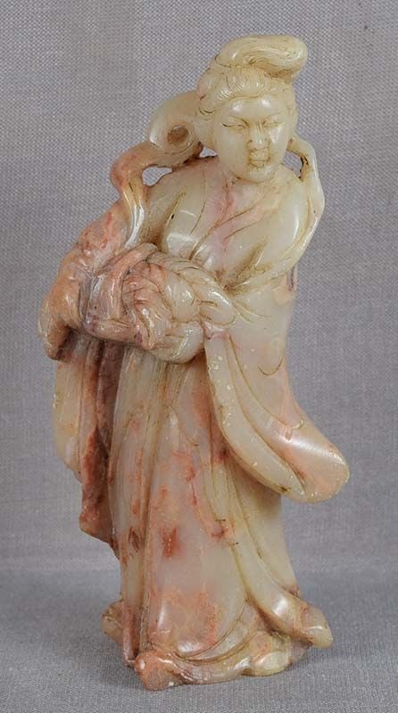 1910s Chinese SOAPSTONE carving COURT LADY with basket: Late Qing Dynasty Chinese soapstone sculpture carved as a court lady holding a basket with fruit. Wonderful precise carving, beautiful tranquil face, elegant flow to the lines of her robe. Cream