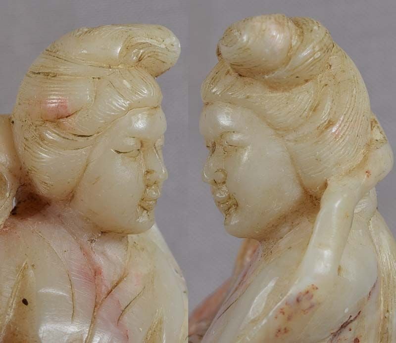 1910s Chinese SOAPSTONE carving COURT LADY with basket - 2