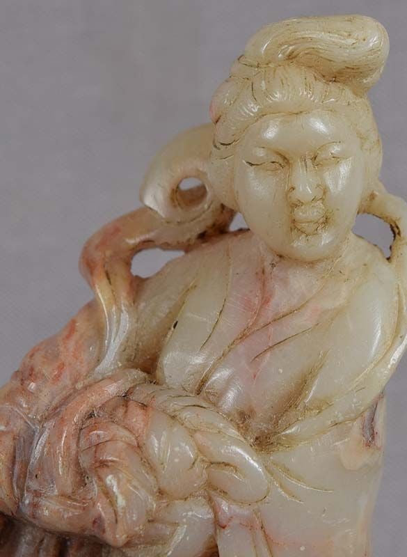 1910s Chinese SOAPSTONE carving COURT LADY with basket - 5