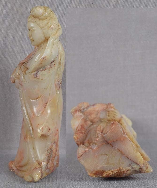 1910s Chinese SOAPSTONE carving COURT LADY with basket - 6