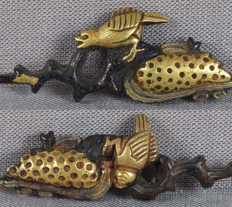 Pair e18/19c Japanese sword MENUKI MAGPIES riverbank shoring - 6
