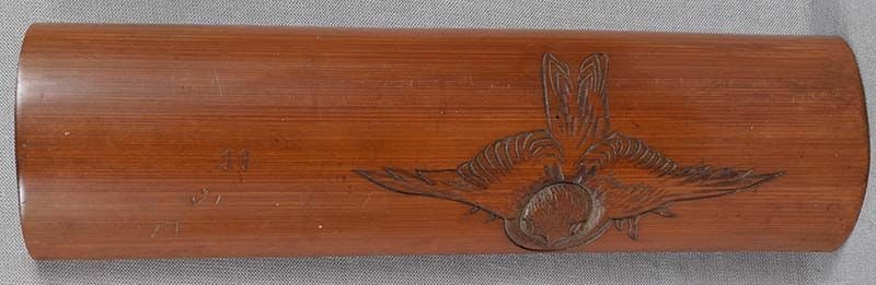 19c Japanese scholar WRIST REST SPARROW in flight: Late Meiji (1890s - 1910s) Japanese bamboo wrist rest used by painters and calligraphers, with low relief carving of a sparrow in flight, its wings spread wide. Beautiful subtle piece, superb quality
