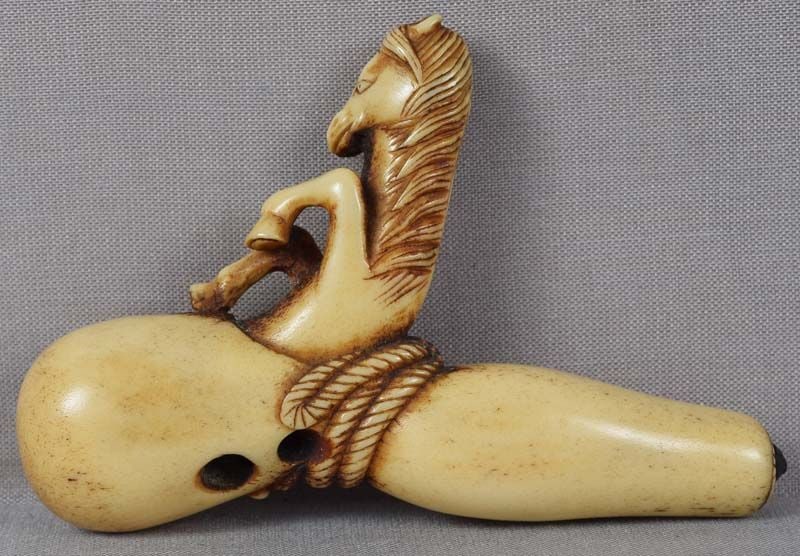 19c staghorn netsuke Chokwaro Sennin HORSE with gourd - 2