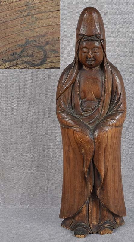 Early 19c Japanese carving KANNON sculpture signed (1 of 6)