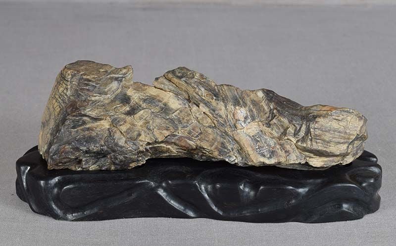19c Chinese SCHOLAR’S ROCK / brush rest PETRIFIED WOOD ebony stand: 19th century Chinese scholar’ s rock in a form of petrified wood wonderfully resembling a mountain range of twisted rock formations with rich weathered surface. Can be used as a brush rest as