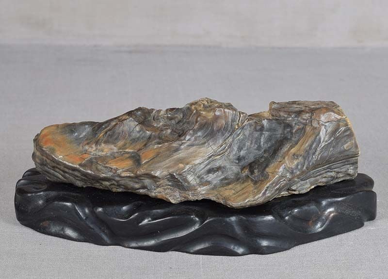 19c Chinese SCHOLAR’S ROCK / brush rest PETRIFIED WOOD ebony stand - 2