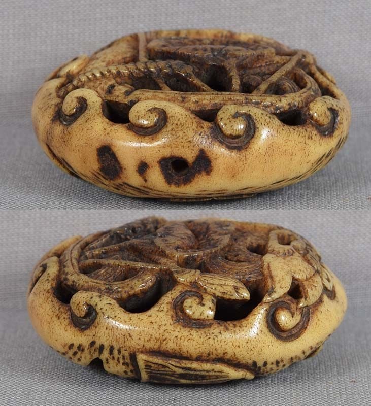 19c staghorn Asakusa netsuke DRAGON among LOTUS - 3