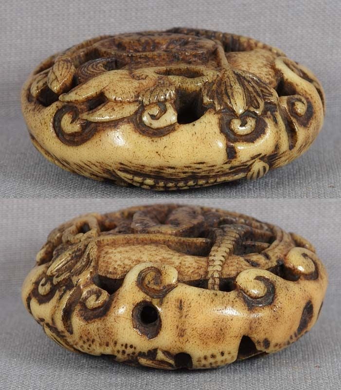 19c staghorn Asakusa netsuke DRAGON among LOTUS - 4