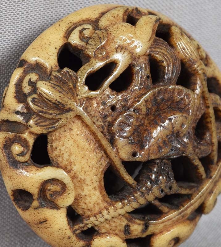 19c staghorn Asakusa netsuke DRAGON among LOTUS - 5