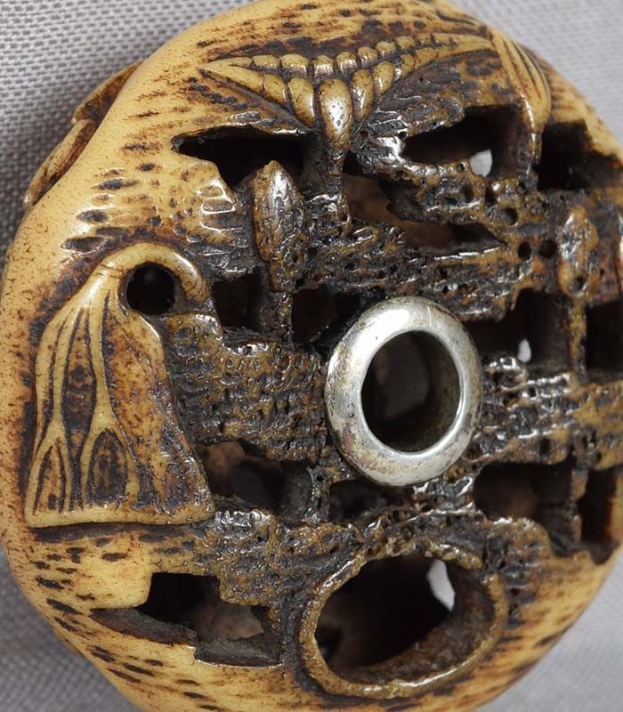 19c staghorn Asakusa netsuke DRAGON among LOTUS - 6