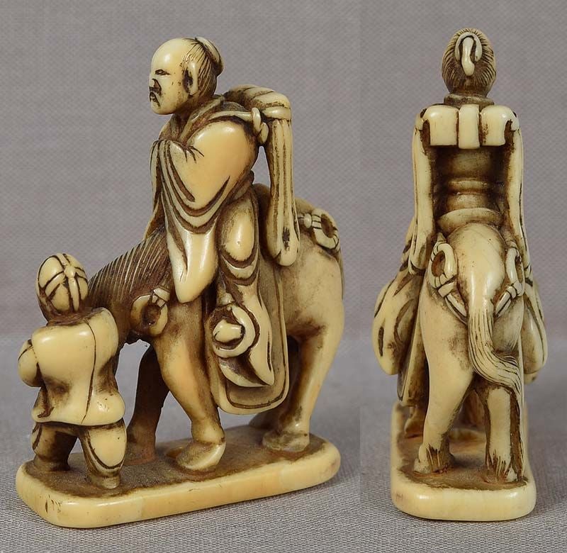Early 19c netsuke TOBA on mule with attendant - 3