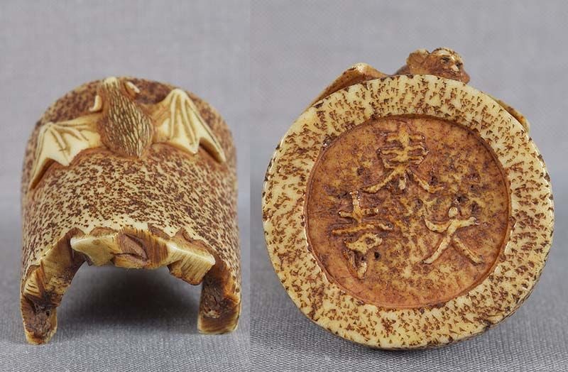 19c staghorn netsuke BAT on TODAI-JI ROOF TILE by MASAHARU - 2