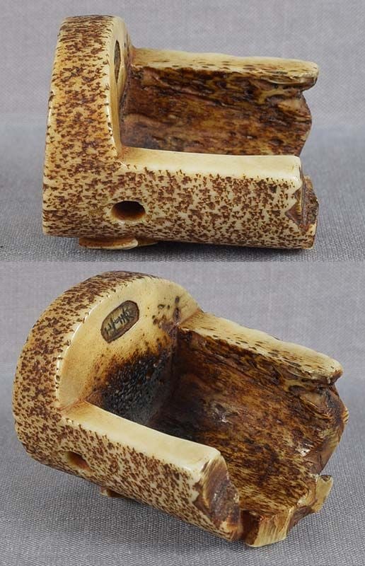 19c staghorn netsuke BAT on TODAI-JI ROOF TILE by MASAHARU - 6