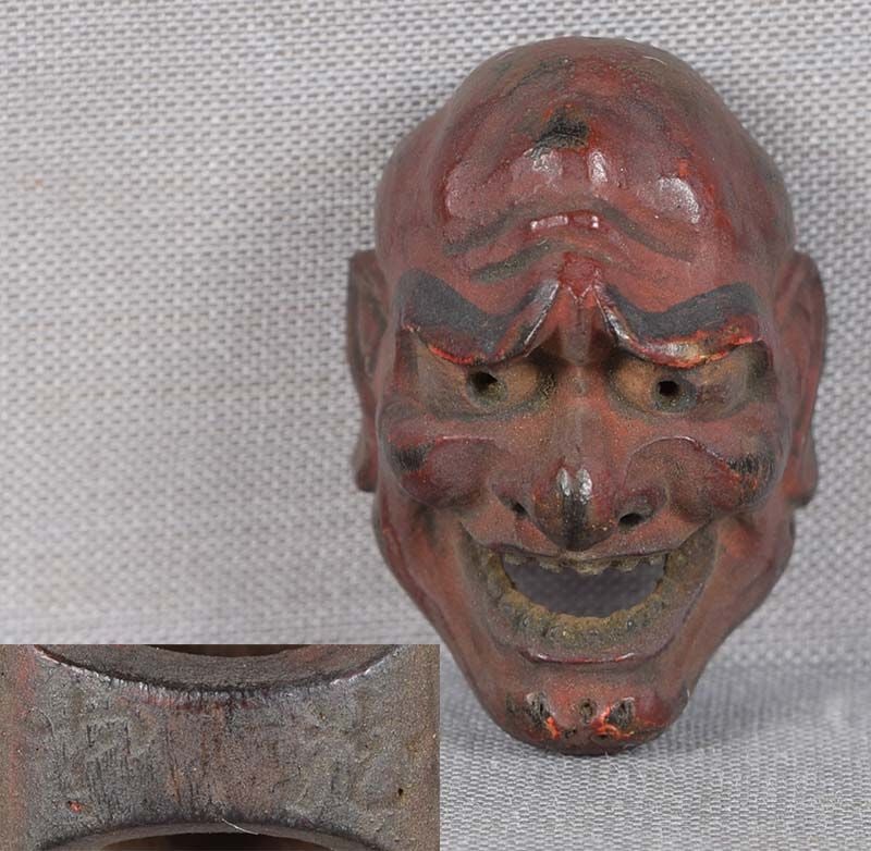 19c netsuke MASK DISTRESSED MAN by RYUUN: 19th century Japanese small lacquered wood netsuke representing a theatrical mask of a distressed man. Excellent intense face, crisp detailing, nicely lacquered, great patina, some wear to the