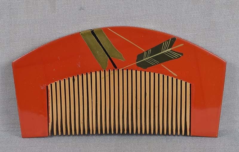 19c Japanese lacquer buffalo horn KUSHI hair COMB arrows - 2