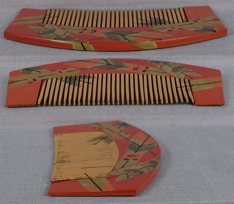 19c Japanese lacquer buffalo horn KUSHI hair COMB arrows - 3