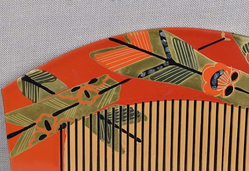 19c Japanese lacquer buffalo horn KUSHI hair COMB arrows - 4