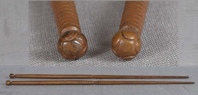 19c tea ceremony HIBASHI charcoal chopsticks FLOWERS: Late 19th to early 20th century Japanese tea ceremony short hibashi (metal chopsticks for handling charcoal in hibachi brazier) with ribbed handle parts and flower finials. These hibashi are for use