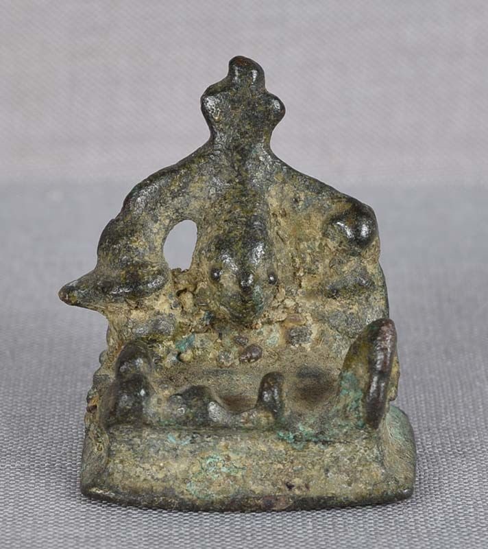 18c Indian bronze SHIVA SHRINE Parvati Ganesha Nandi: Miniature 18th century Indian bronze shrine for a home altar in a form of a courtyard with generally recognizable figures of Shiva, his wife Parvati, Naga (hooded cobra), and facing them their