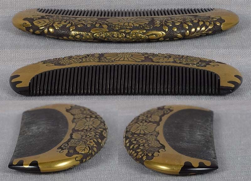 19c Japanese lacquer buffalo horn KUSHI hair comb by GYOKUZAN - 3