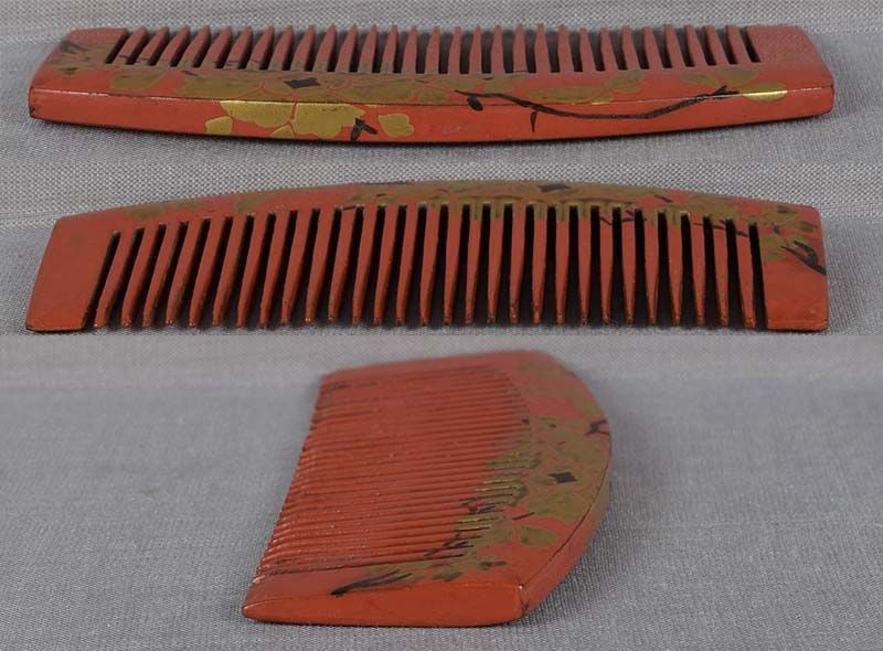19c Japanese lacquer buffalo horn KUSHI hair comb by KOICHI - 3