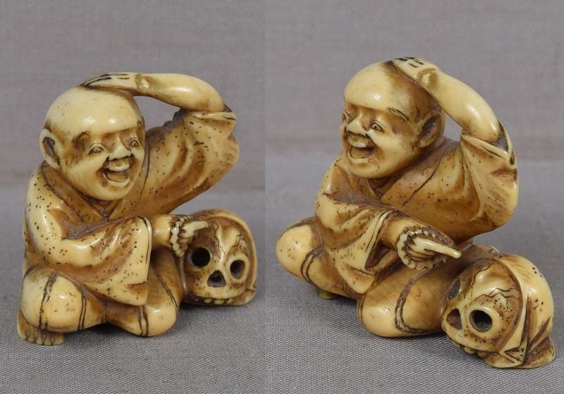 19c netsuke POET / PRIEST IKKYU with skull - 3