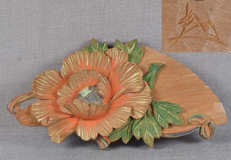 Vintage OBIDOME netsuke PEONY & FAN signed: Unusual vintage Japanese wooden obidome (sash ornament) carved as a peony flower with leaves resting on an open fan. Obidome is worn on an obi cord that holds the obi sash together, it is the only
