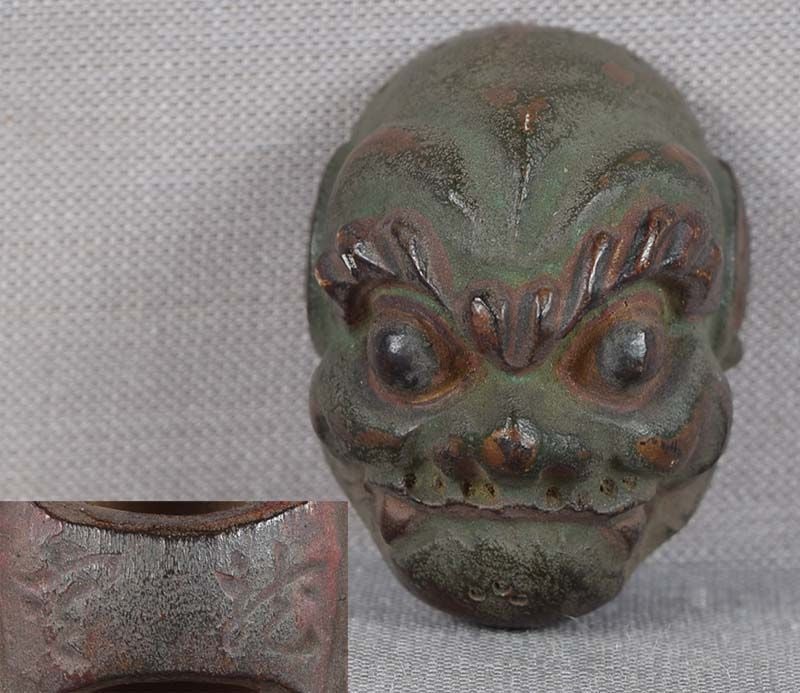 19c netsuke MASK green skinned DEMON by RYUUN: 19th century Japanese small lacquered wood netsuke representing a theatrical mask of a green skinned demon. Excellent intense face, crisp detailing, nicely lacquered, great patina, some wear to the