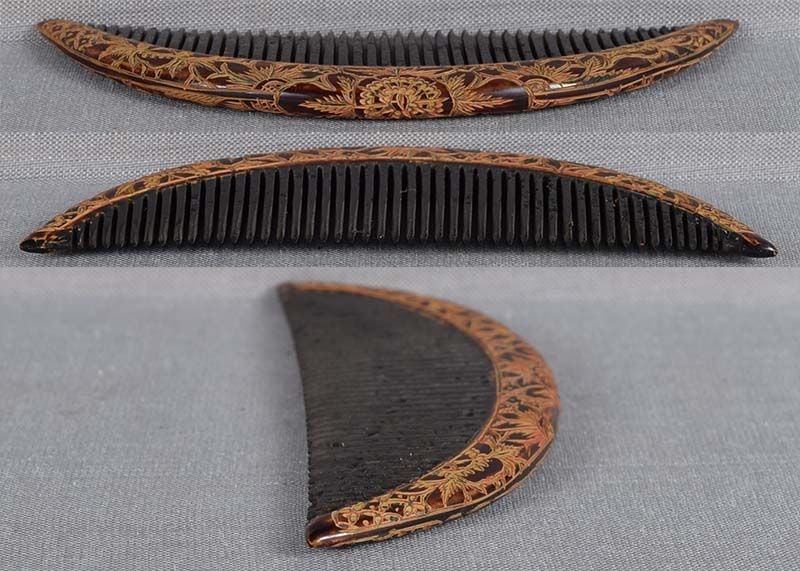 19c Japanese lacquer buffalo horn KUSHI hair comb CARVED FLOWERS - 3