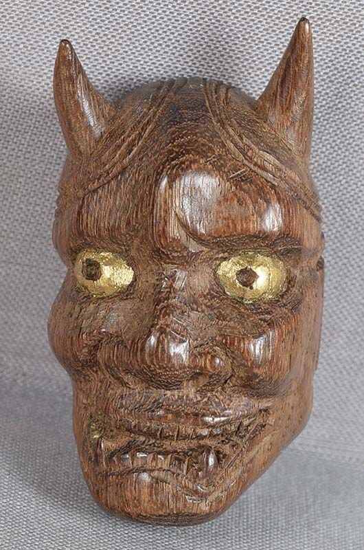 19c Japanese MASK OBIDOME / NETSUKE Demon Hannya: 19th century Japanese carved wood obidome (sash ornament) in a shape of a theatrical mask of demon Hannya. Could have been used as netsuke as well. Obidome is worn on an obi cord that holds the obi