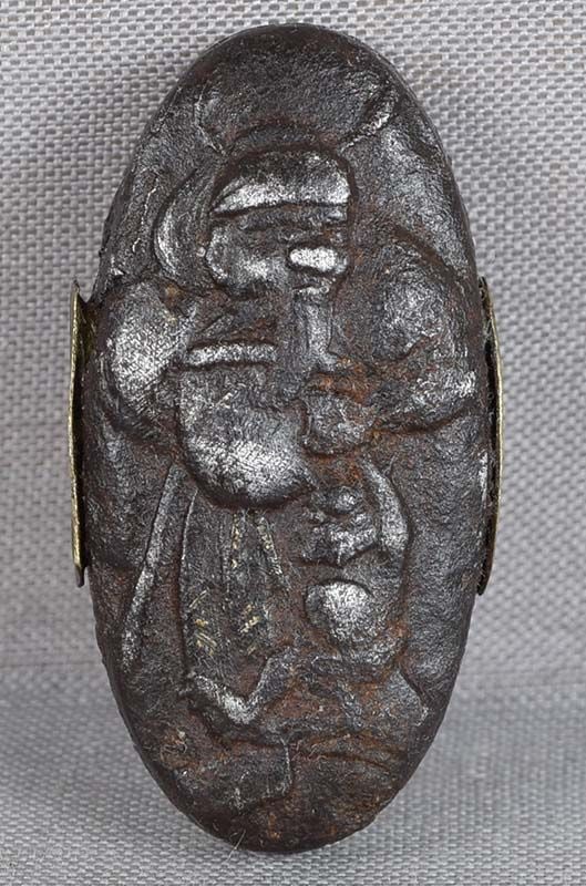 19c Japanese sword iron KASHIRA SHOKI the DEMON QUELLER: 18th century Japanese sword iron kashira (metal pommel at the end of the hilt of a sword) with low relief decoration of Shoki the demon queller. Beautifully made piece, traces of gilding, great feel