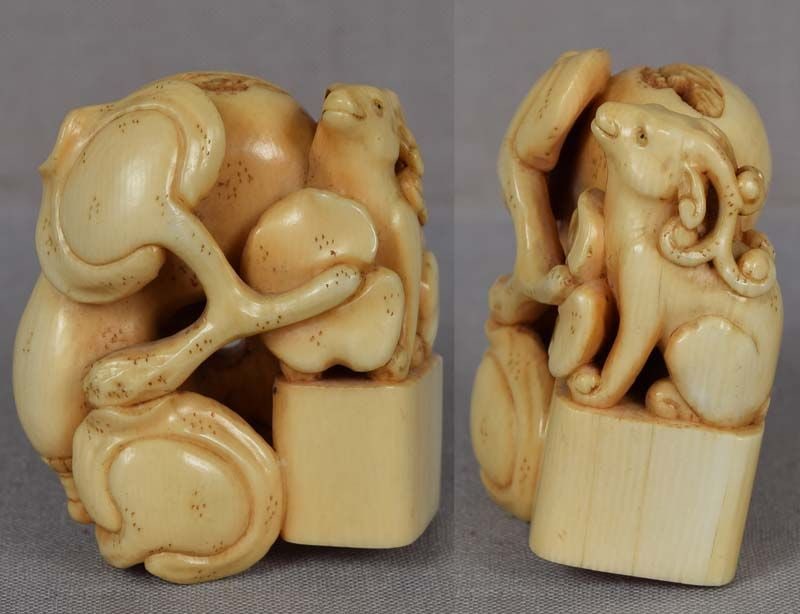 19c netsuke SEAL FUNGUS GOURD by GYOKUHO - 2