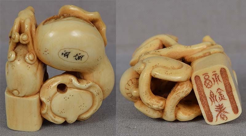 19c netsuke SEAL FUNGUS GOURD by GYOKUHO - 3