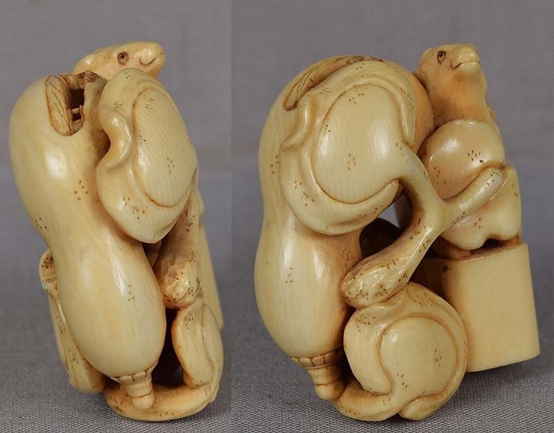 19c netsuke SEAL FUNGUS GOURD by GYOKUHO - 4