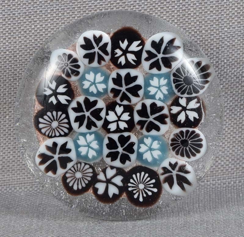 Japanese glass OBIDOME netsuke VARIOUS FLOWERS: Contemporary Japanese glass obidome (sash ornament) with multiple rods depicting various flowers. Obidome is worn on an obi cord that holds the obi sash together, it is the only type of jewelry worn