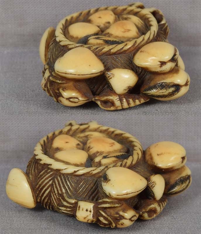 Early 19c shunga netsuke CRABS & CLAMS in basket - 5