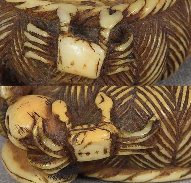 Early 19c shunga netsuke CRABS & CLAMS in basket - 6