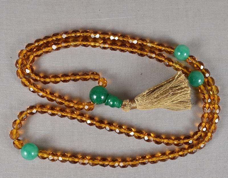 19c Chinese Peking glass & jadeite BUDDHIST ROSARY mala: Late 19th - early 20th century Tibetan mala - Buddhist rosary consisting of 108 faceted Peking glass beads and 4 jadeite ones that serve as spacers dividing the prayer beads into groups of 27 each.