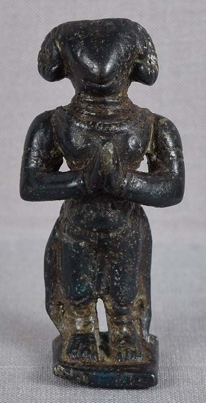 19c Indian bronze goat headed DAKSHA father of Sati: 19th century Indian bronze devotional sculpture of Daksha with a head of a goat and his hands in the anjali mudra. Daksha was the father of Sati, the wife of the Lord Shiva. Shiva have not been