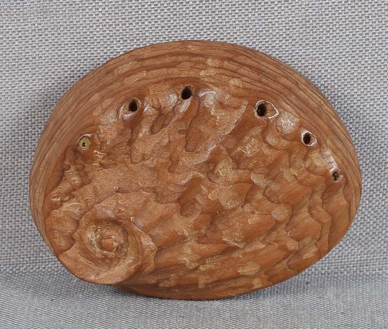 19c netsuke Hida school ABALONE: Late 19th century wooden netsuke of an awabi - an abalone shell with edible mollusk in it forming the bottom. Skillfully carved out of chosen matsu (Korean pine wood) inmodified ittobori (one cut) sty