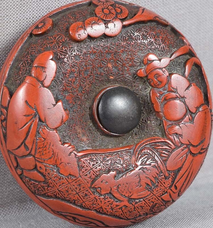 19c Japanese lacquer netsuke SCHOLARS, COCK FIGHT boy chicks - 4