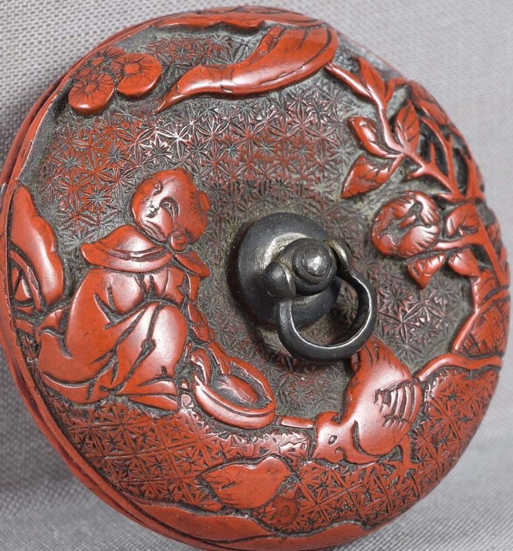 19c Japanese lacquer netsuke SCHOLARS, COCK FIGHT boy chicks - 5