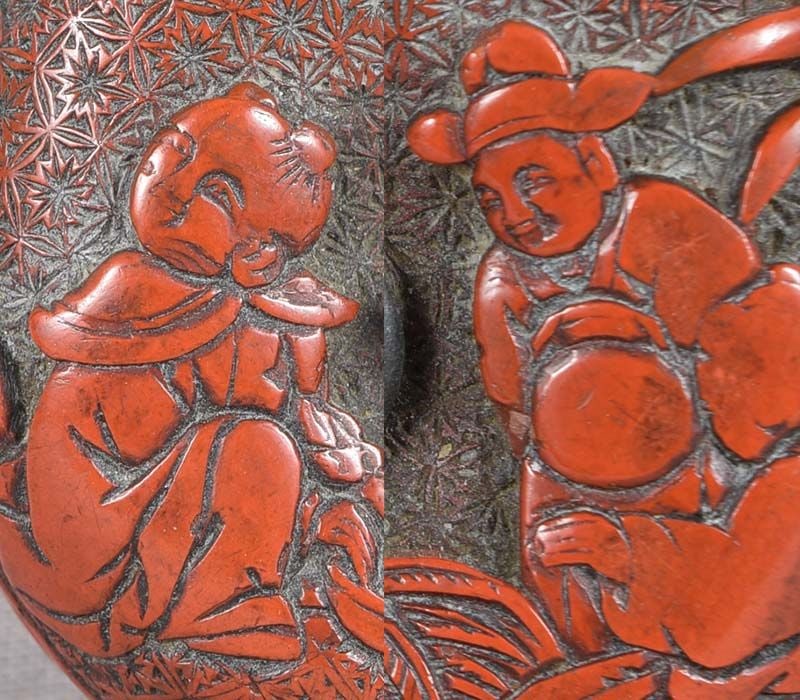 19c Japanese lacquer netsuke SCHOLARS, COCK FIGHT boy chicks - 6