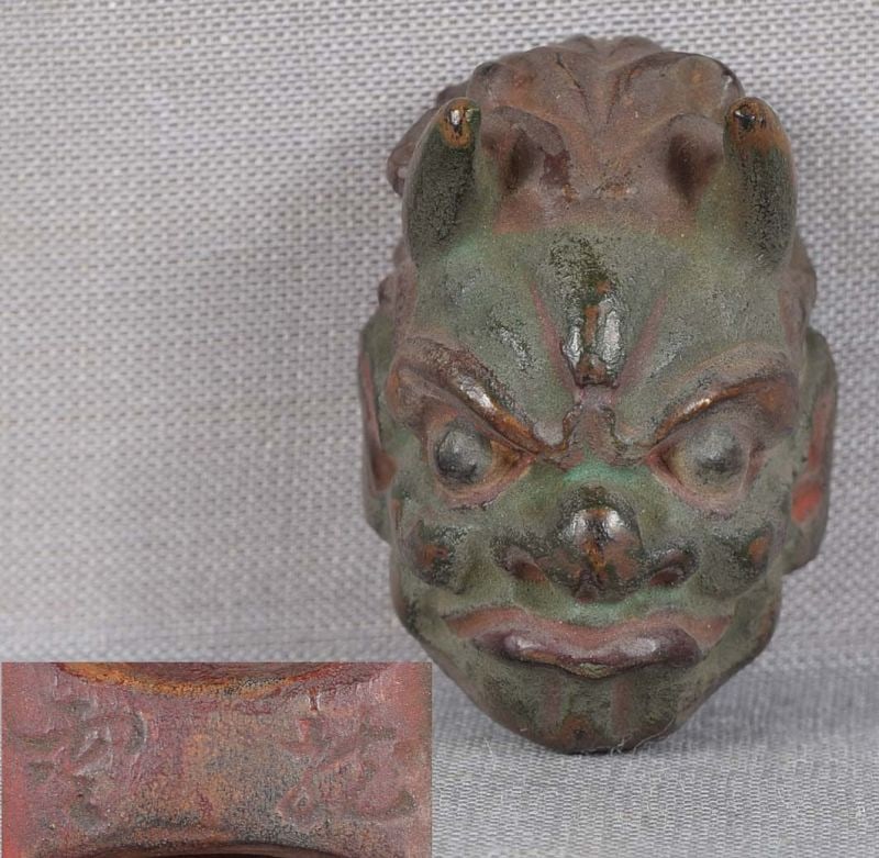 19c netsuke MASK GREEN DEMON by RYUUN: 19th century Japanese small lacquered wood netsuke representing a theatrical mask of horned green skinned demon. Uncommon image, excellent intense face, great patina. Crisp detailing, nicely