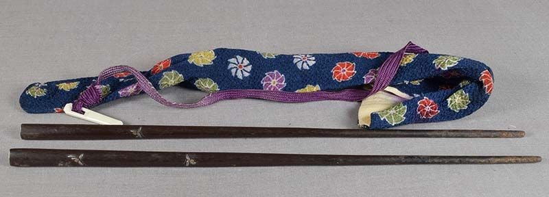 19c tea ceremony HIBASHI charcoal chopsticks MULTIMETAL FLOWERS: 19th century Japanese iron tea ceremony hibashi (long metal chopsticks for handling charcoal in hibachi brazier), each inlaid with 3 multimetal flowers with leaves. These hibashi are for use in the su