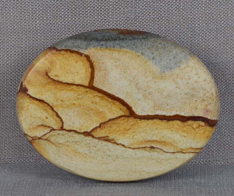 Jasper OBIDOME netsuke DESERT LANDSCAPE: Japanese obidome (sash ornament) with polished jasper top, its natural pattern perfectly resembling a view of a desert with dunes and incoming sandstorm. Obidome is worn on an obi cord that holds the 