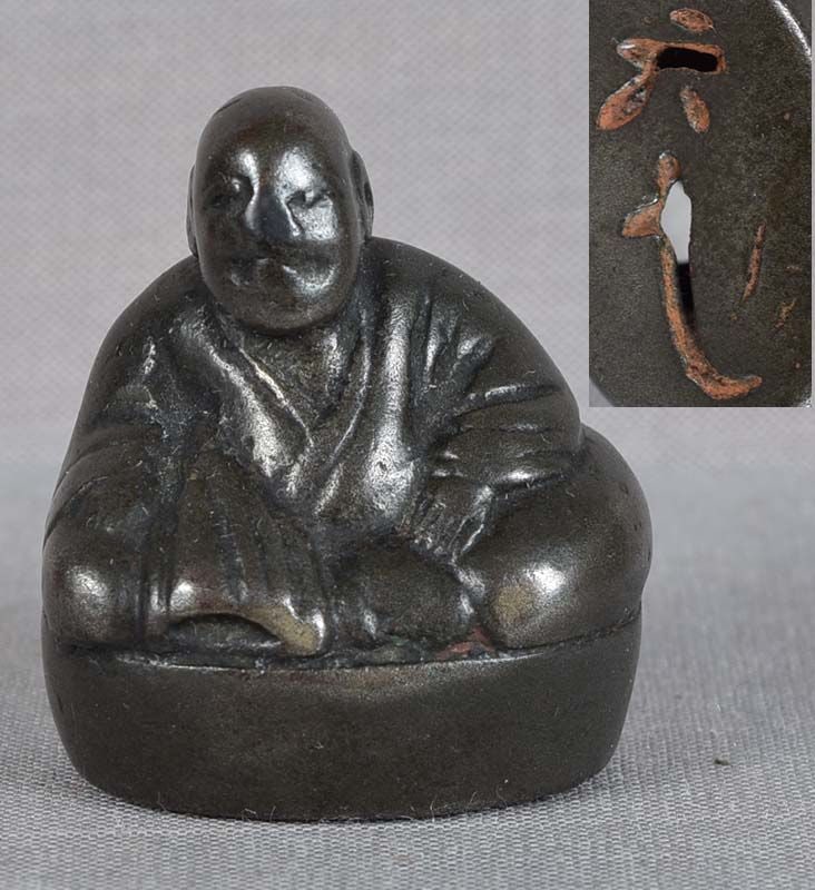 19c bronze netsuke MONK by ROKUSHIN: Unusual 19th century bronze netsuke of a seated monk. Nicely cast, beautiful patina, some wear. Characters on the bottom appera to read ROKUSHIN, possibly the name of the artist. Height 1.23 inches.