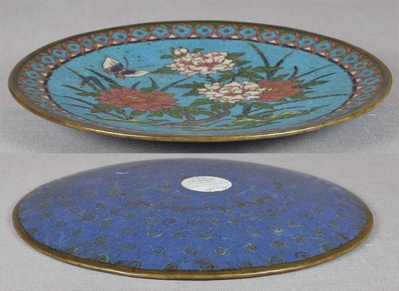 Early19c Japanese CLOISONNE PLATE PEONIES & butterfly ex Rare Art Inc. - 2