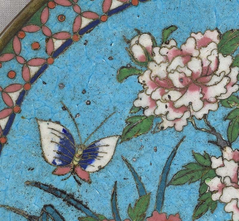 Early19c Japanese CLOISONNE PLATE PEONIES & butterfly ex Rare Art Inc. - 4