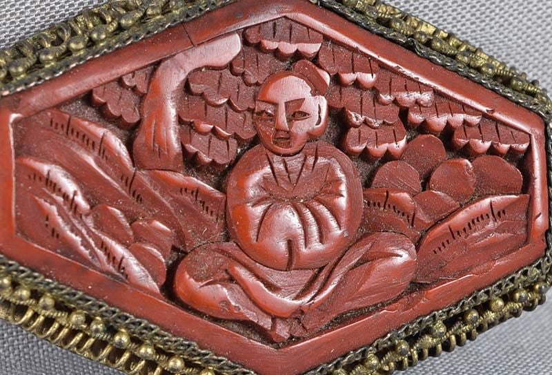 19c Chinese Export cinnabar lacquer BROOCH / PIN scholar rocks - 3